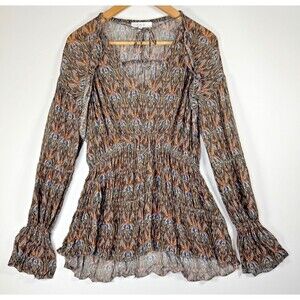IRO Paris Womens 38 Janie Boho Peasant Blouse Brown Blue Abstract Print Viscose